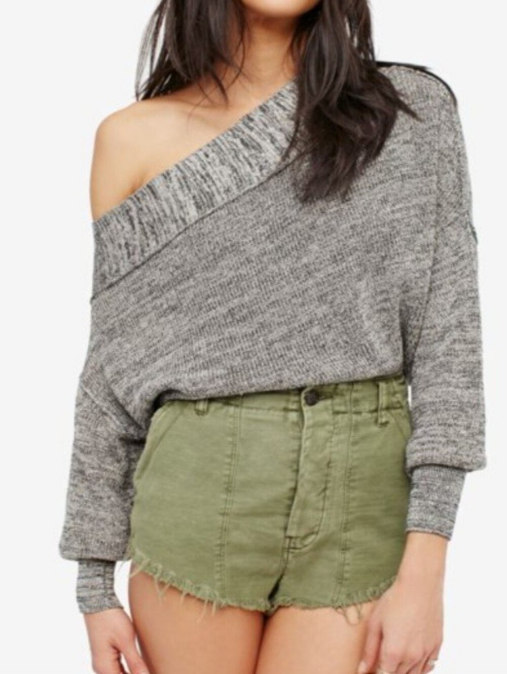 Free People Off The Shoulder Knit Sweater Slouchy Cropped Brown Gray Size S/P